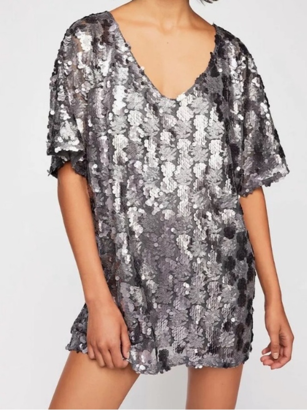 Free People FP Sequined T-shirt Mini Dress Gunmetal Pewter Showstopper